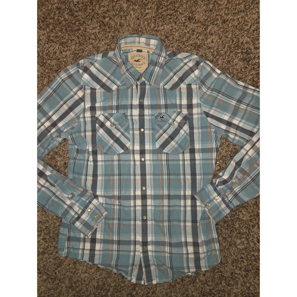 Y2K Hollister California Mens Blue Plaid Pearl Snap Western Shirt Large L Cotton